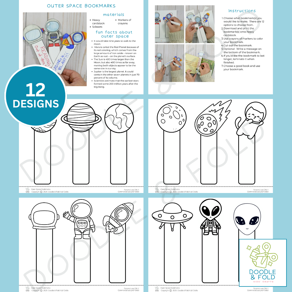Outer Space Bookmarks to Color (12 Designs)